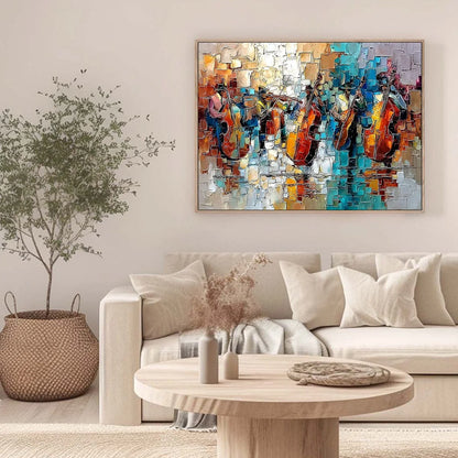 STREET SYMPHONY: Textured Impasto Painting of a Musical Quartet | black frame version on white wall