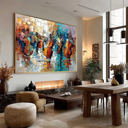 STREET SYMPHONY: Textured Impasto Painting of a Musical Quartet | yellow palette, original oil on stretched canvas art