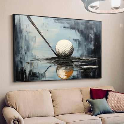 STROKE OF GENIUS: Textured Golf Still Life Oil Painting | gold frame stretched on neutral wall
