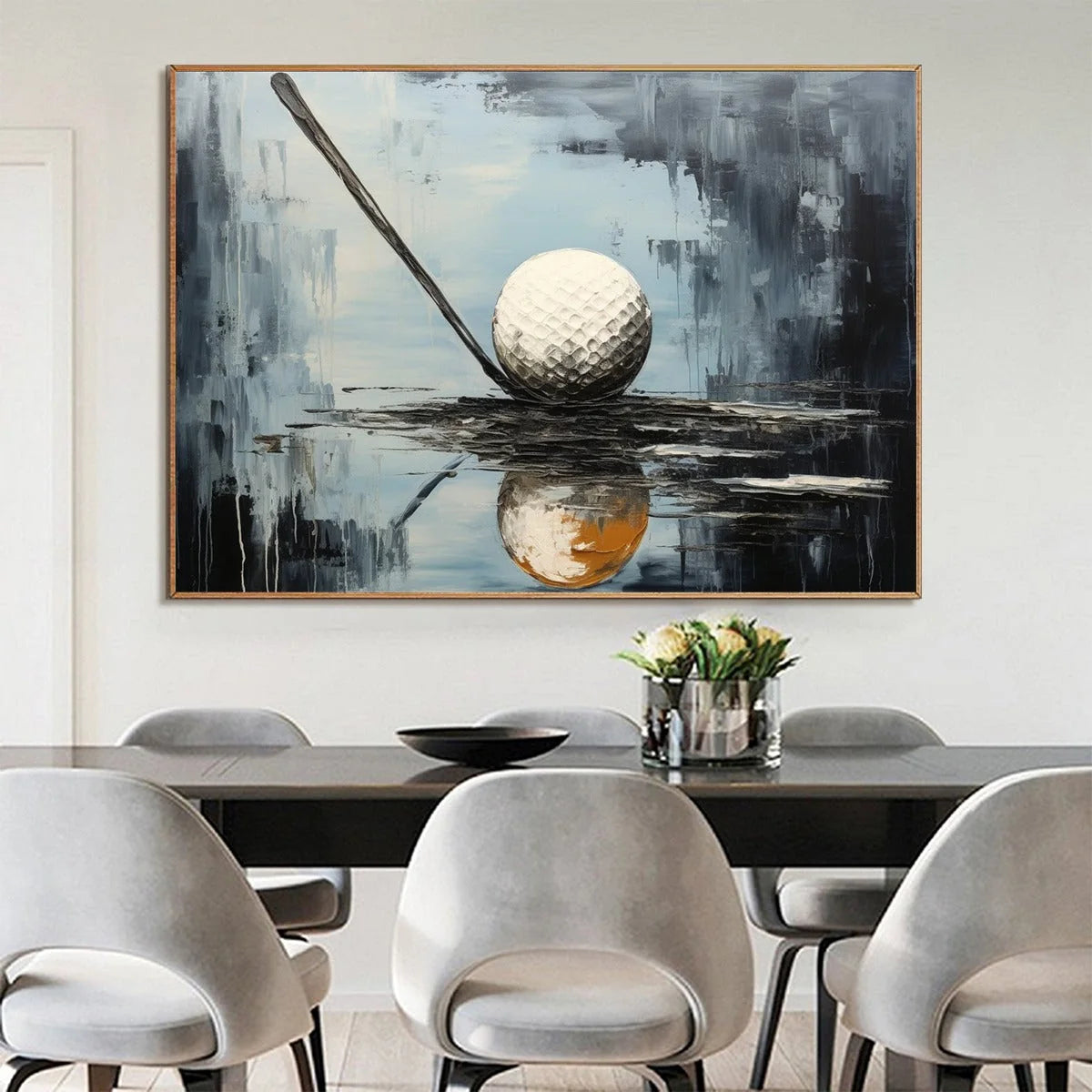 STROKE OF GENIUS: Textured Golf Still Life Oil Painting | black frame version on white wall