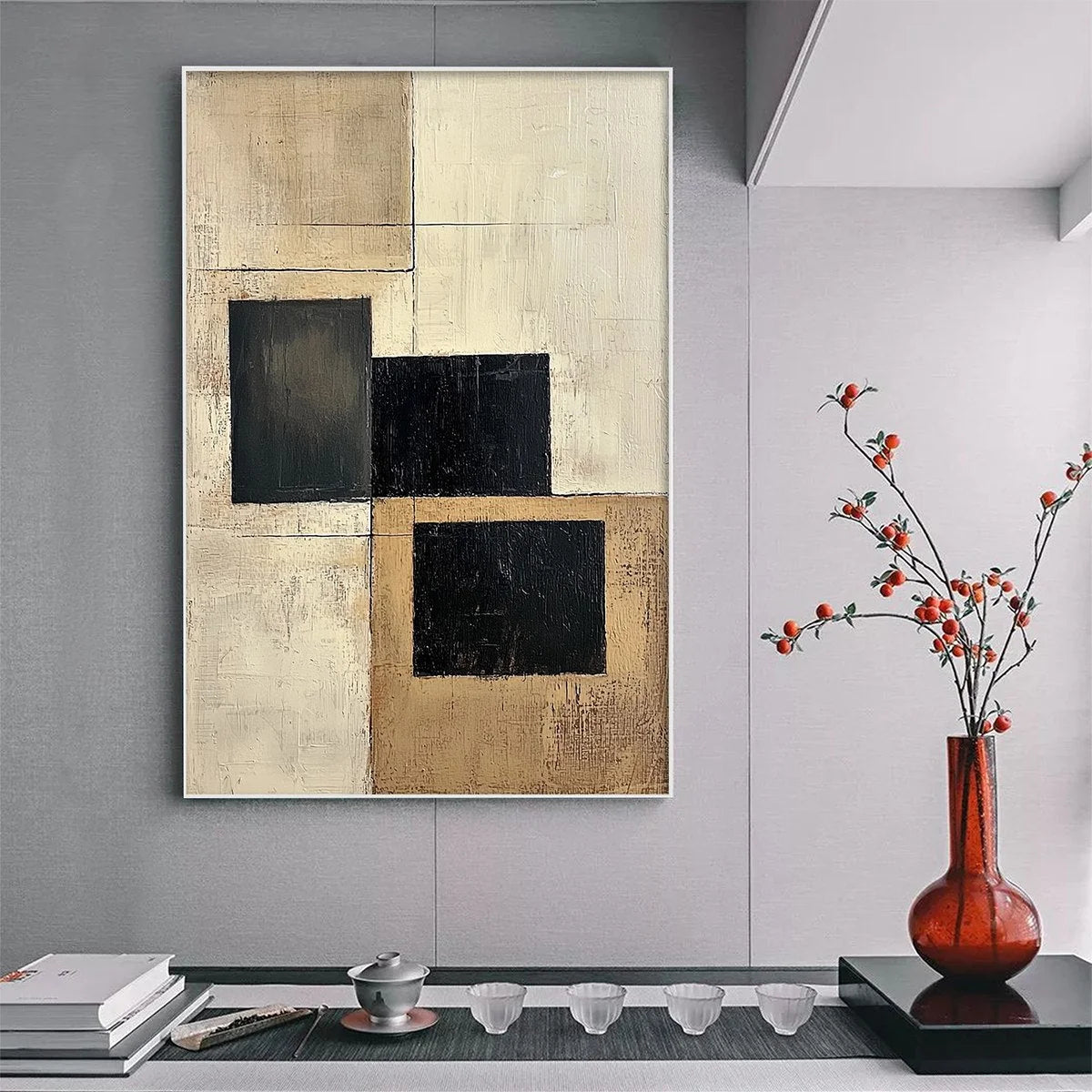 STRUCTURED BALANCE: Minimalist Abstract Oil Painting | Minimalist closeup, raised brushwork detail
