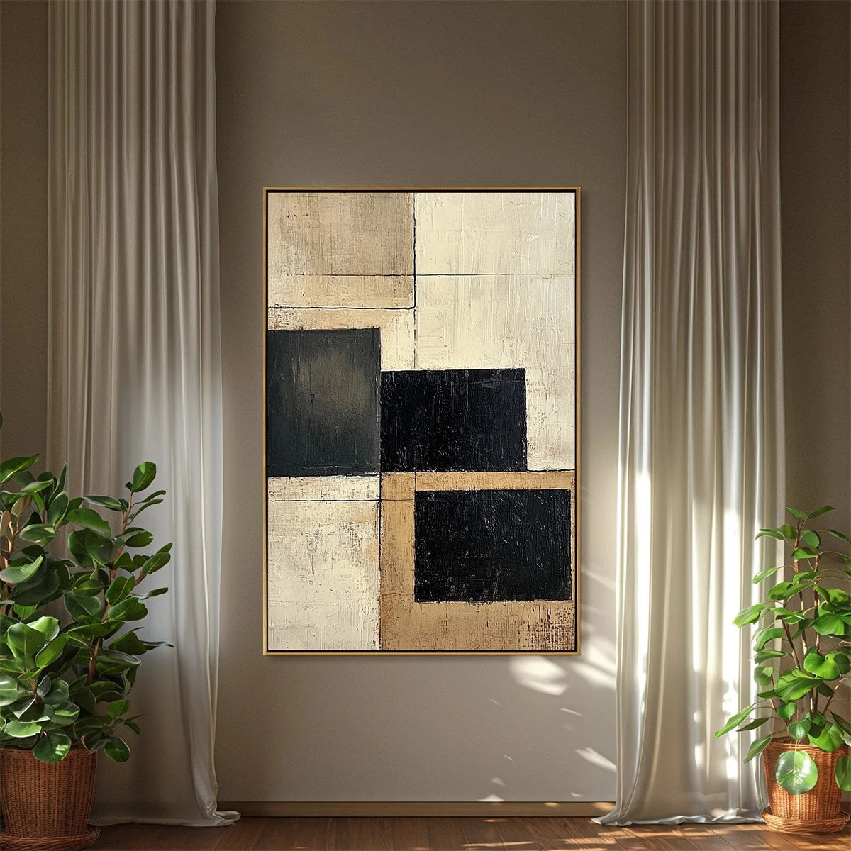 STRUCTURED BALANCE: Minimalist Abstract Oil Painting | gold frame stretched on neutral wall