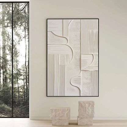 STRUCTURED CALM: Textured White Minimalist Abstract Wabi Sabi Wall Art | black frame version on white wall