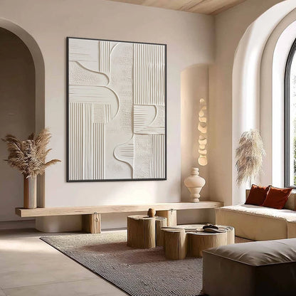 STRUCTURED CALM: Textured White Minimalist Abstract Wabi Sabi Wall Art | Minimalist mood, soft natural light studio shot