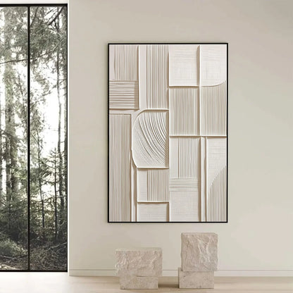 STRUCTURED CALM: Textured White Minimalist Abstract Wall Art | black frame version on white wall