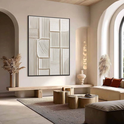 STRUCTURED CALM: Textured White Minimalist Abstract Wall Art | Minimalist mood, soft natural light studio shot