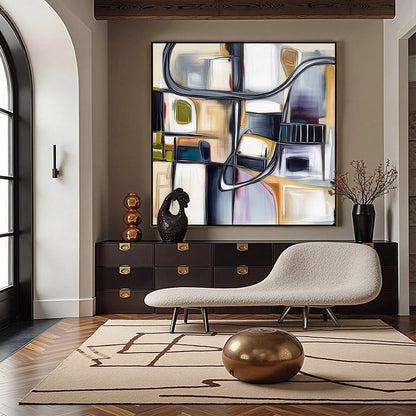 STRUCTURED CHAOS: Modern Square Abstract Painting with Architectural Lines | Abstract closeup, raised brushwork detail