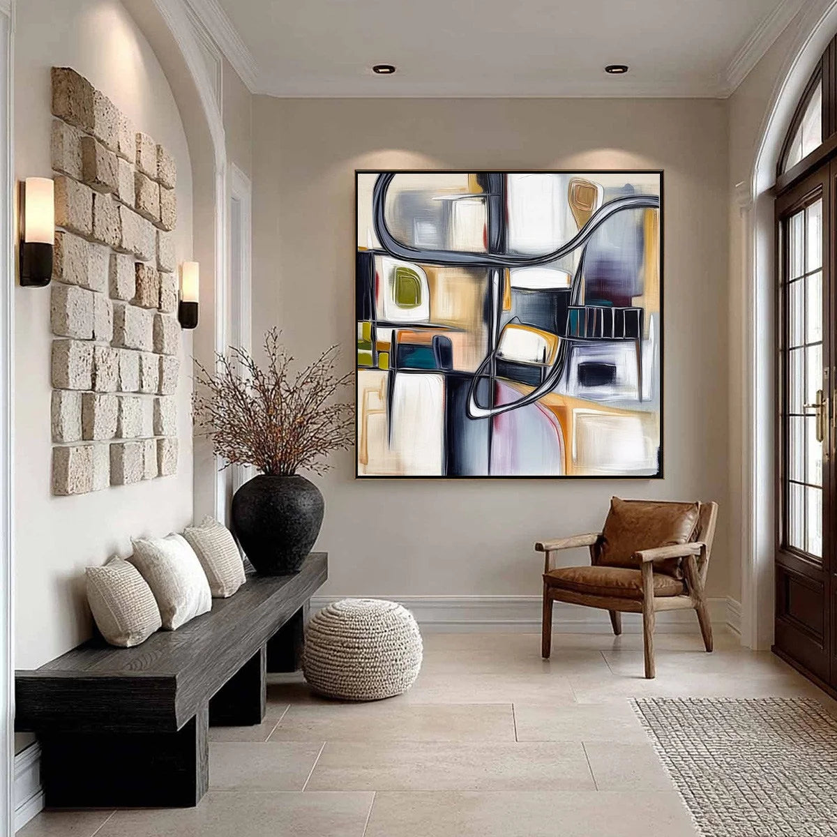STRUCTURED CHAOS: Modern Square Abstract Painting with Architectural Lines | gold frame stretched on neutral wall