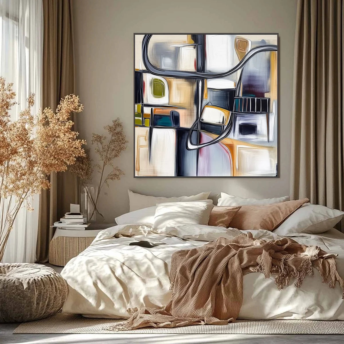 STRUCTURED CHAOS: Modern Square Abstract Painting with Architectural Lines | black frame version on white wall