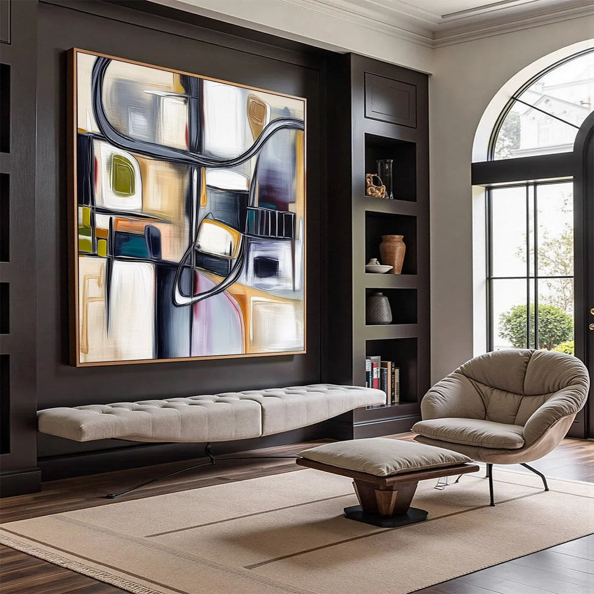 STRUCTURED CHAOS: Modern Square Abstract Painting with Architectural Lines | Abstract mood, soft natural light studio shot