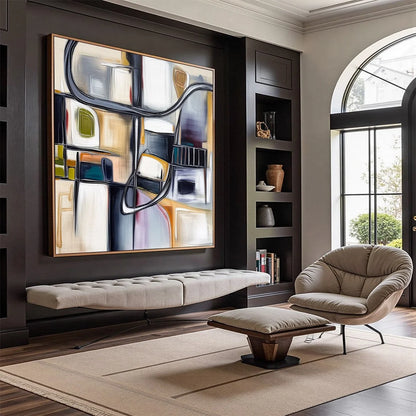 STRUCTURED CHAOS: Modern Square Abstract Painting with Architectural Lines | Abstract mood, soft natural light studio shot