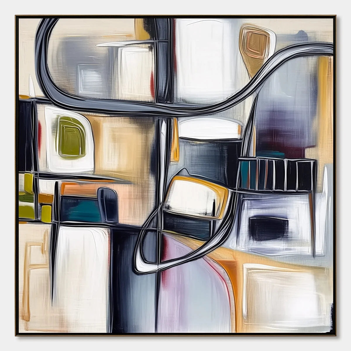STRUCTURED CHAOS: Modern Square Abstract Painting with Architectural Lines | hanging in living room, Abstract wall art