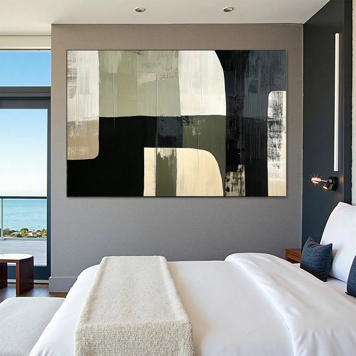 STRUCTURED FORMS: Minimalist Abstract Block Oil Painting | gold frame stretched on neutral wall