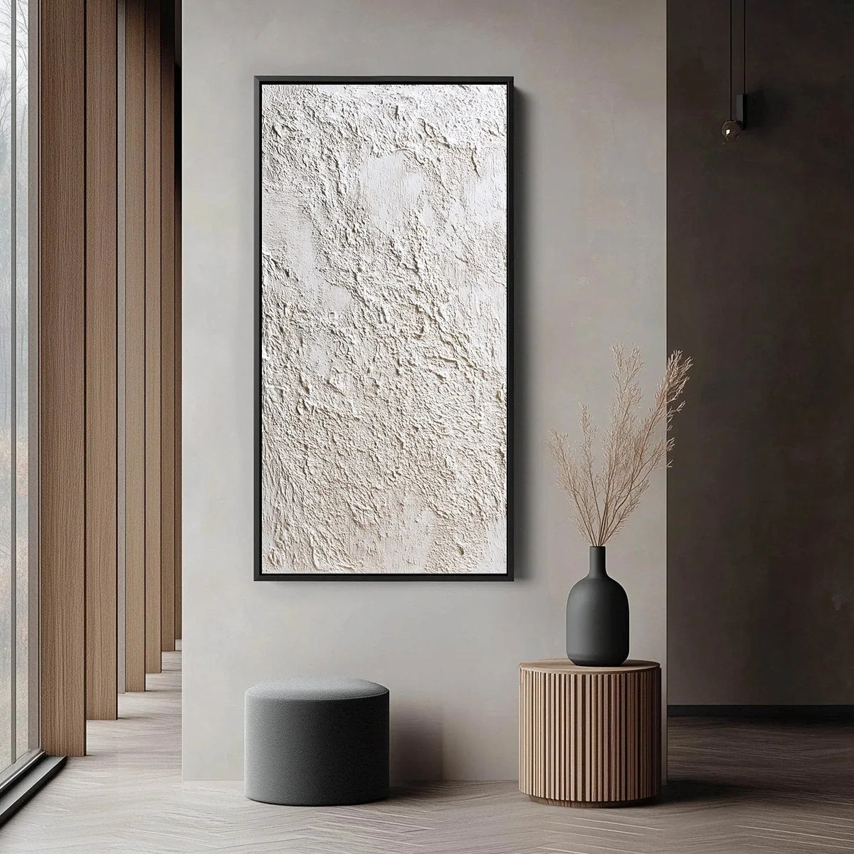 STUCCO: Heavily Textured Wabi Sabi Abstract Painting | black frame version on white wall