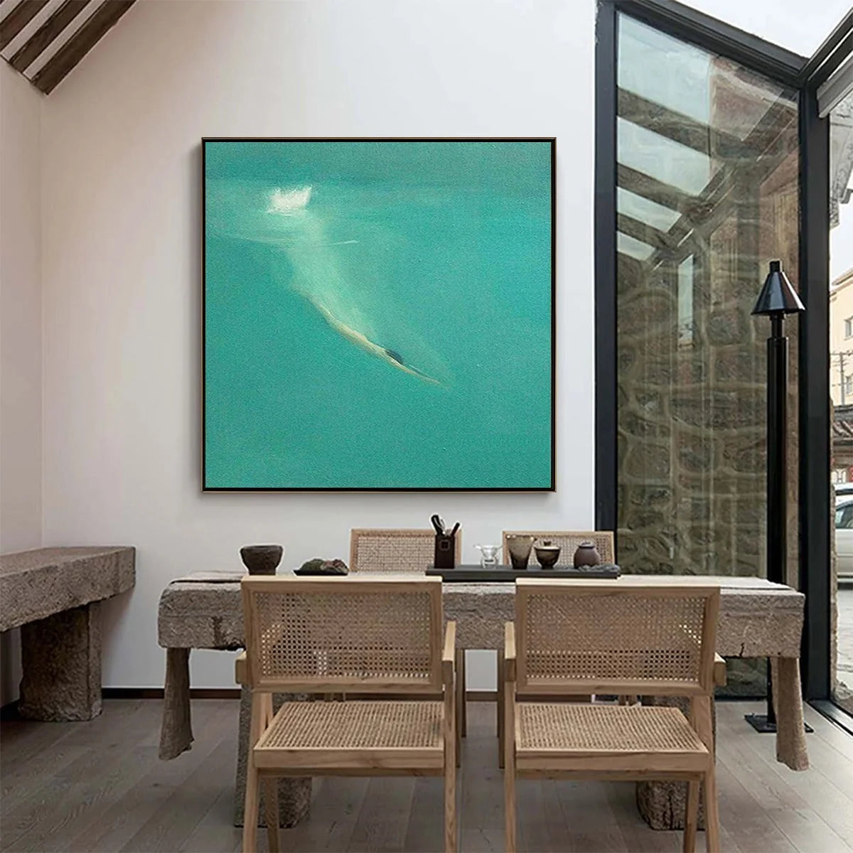 SUBMERGE: Minimalist Wabi Sabi Sea Painting | rectangular format, hand-painted canvas edge