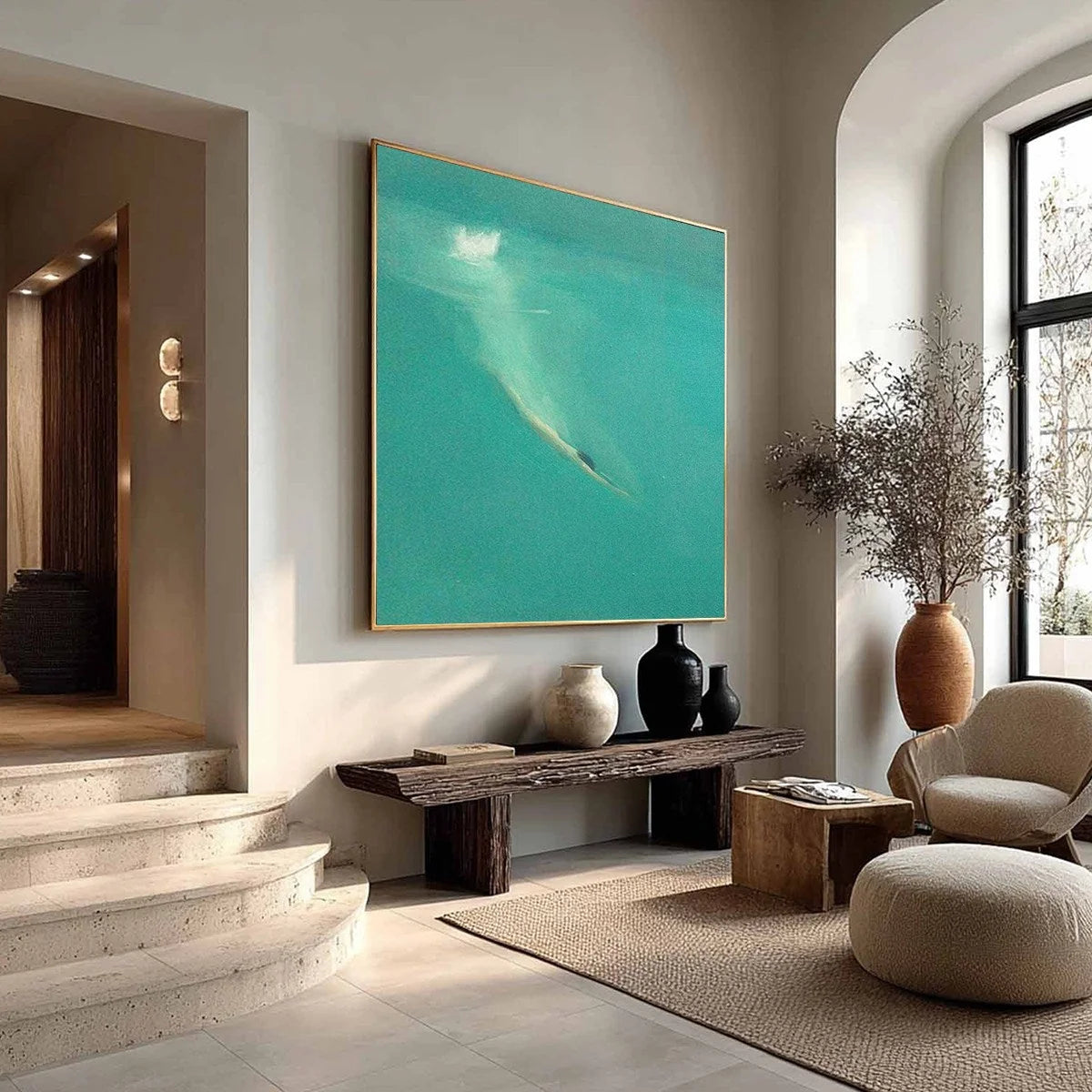 SUBMERGE: Minimalist Wabi Sabi Sea Painting | black frame version on white wall