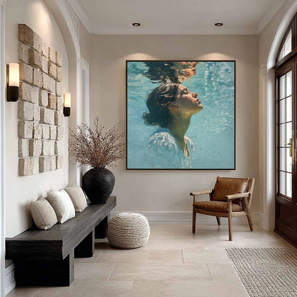 SUBMERGED SERENITY: Figurative Underwater Portrait Oil Painting | Figurative closeup, raised brushwork detail