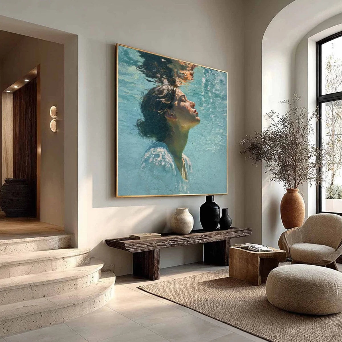 SUBMERGED SERENITY: Figurative Underwater Portrait Oil Painting | gold frame stretched on neutral wall