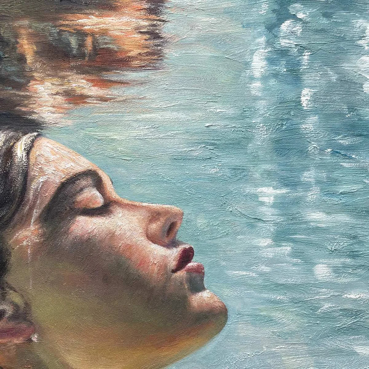 SUBMERGED SERENITY: Figurative Underwater Portrait Oil Painting | black frame version on white wall