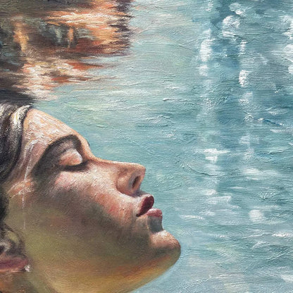 SUBMERGED SERENITY: Figurative Underwater Portrait Oil Painting | black frame version on white wall