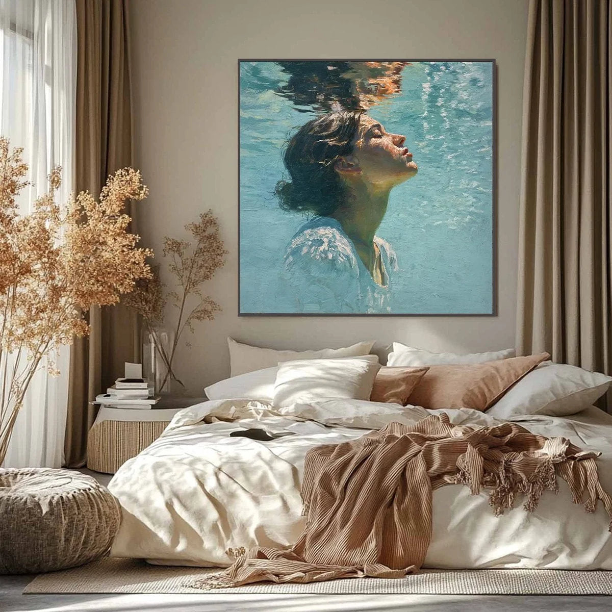 SUBMERGED SERENITY: Figurative Underwater Portrait Oil Painting | multi-color palette, original oil on stretched canvas art