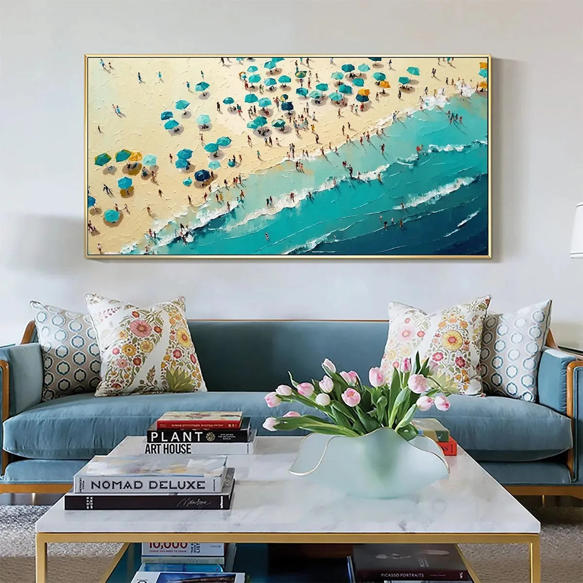 SUMMER AFTERNOON: Beach Scene Oil Painting with Beach Umbrellas | Abstract closeup, raised brushwork detail