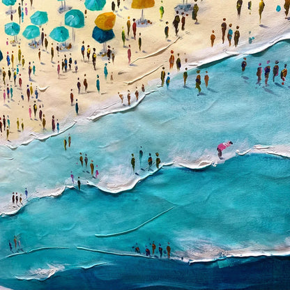 SUMMER AFTERNOON: Beach Scene Oil Painting with Beach Umbrellas | rectangular format, hand-painted canvas edge