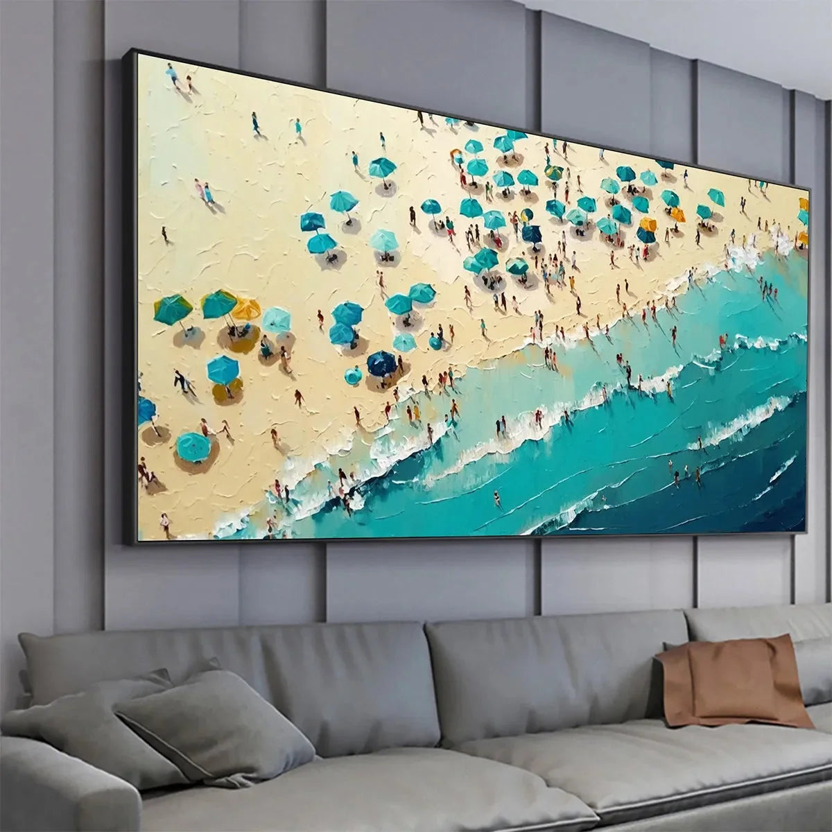 SUMMER AFTERNOON: Beach Scene Oil Painting with Beach Umbrellas | gold frame stretched on neutral wall