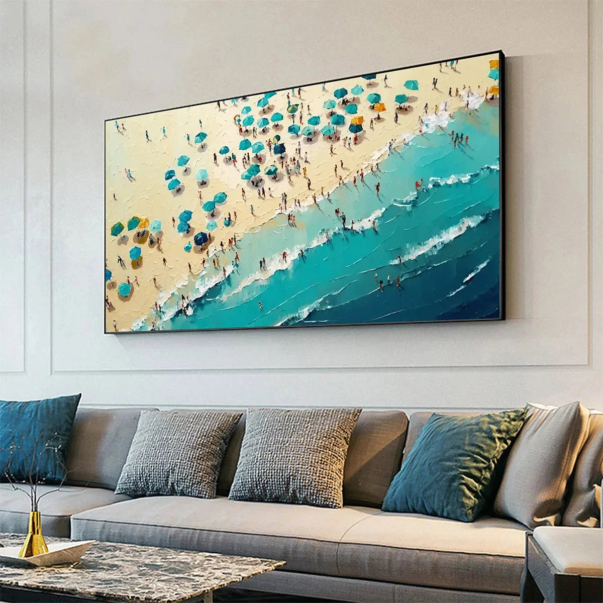 SUMMER AFTERNOON: Beach Scene Oil Painting with Beach Umbrellas | rolled canvas, ready for custom framing
