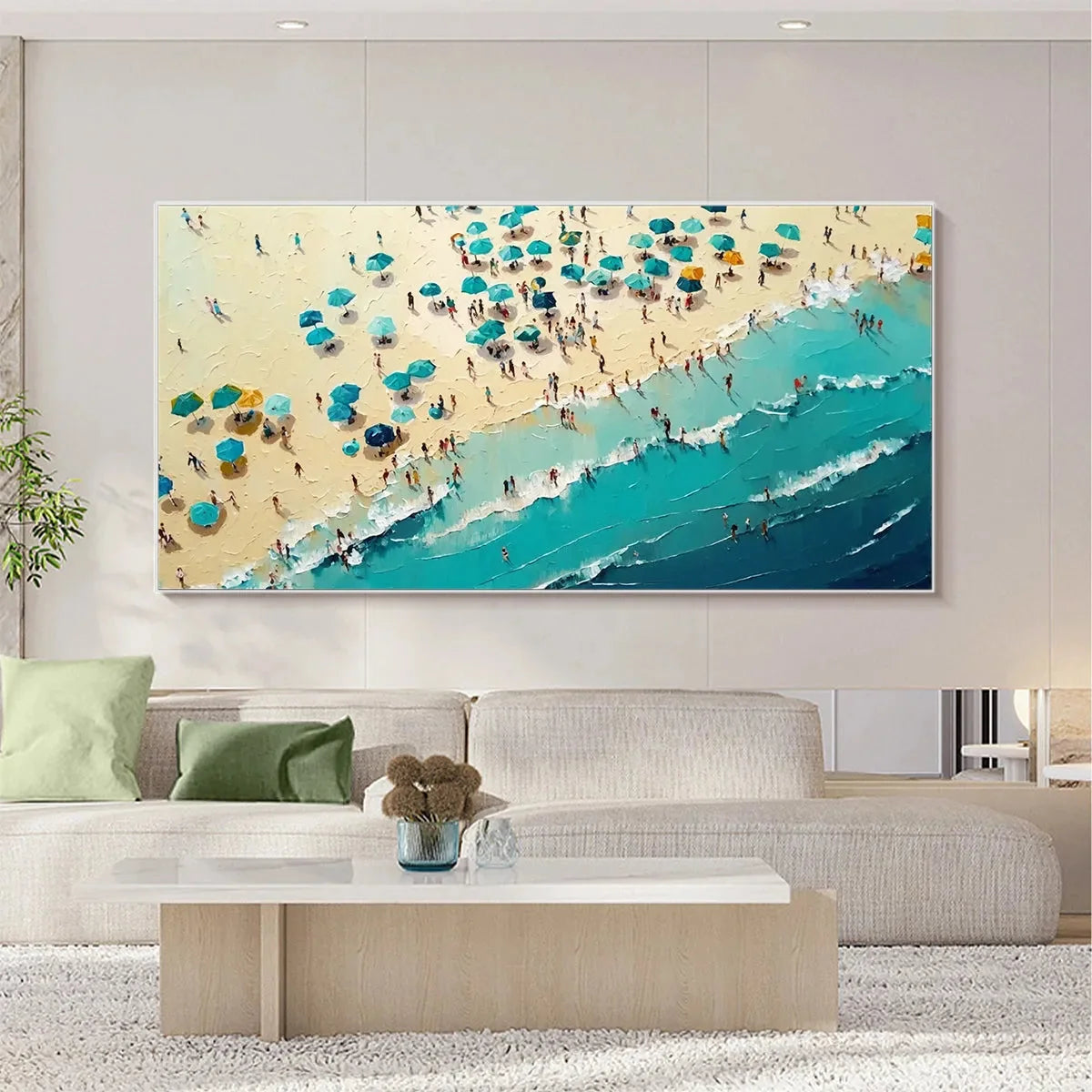 SUMMER AFTERNOON: Beach Scene Oil Painting with Beach Umbrellas | black frame version on white wall
