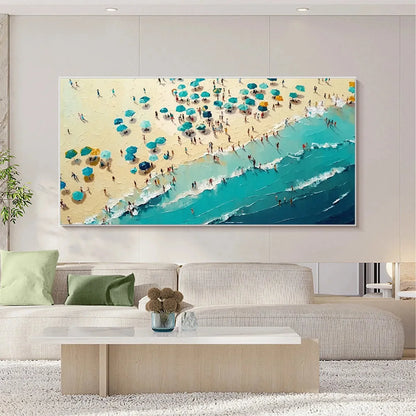 SUMMER AFTERNOON: Beach Scene Oil Painting with Beach Umbrellas | black frame version on white wall