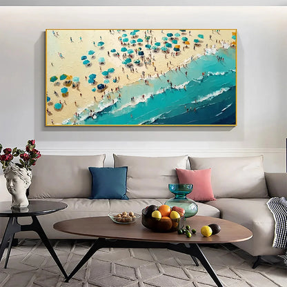SUMMER AFTERNOON: Beach Scene Oil Painting with Beach Umbrellas | Abstract mood, soft natural light studio shot