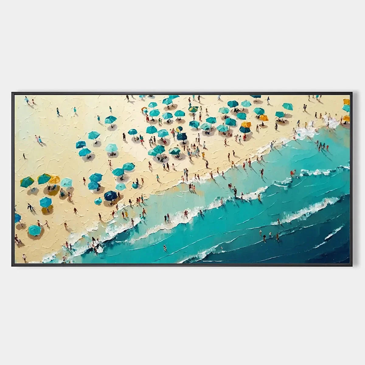 SUMMER AFTERNOON: Beach Scene Oil Painting with Beach Umbrellas | hanging in living room, Abstract wall art
