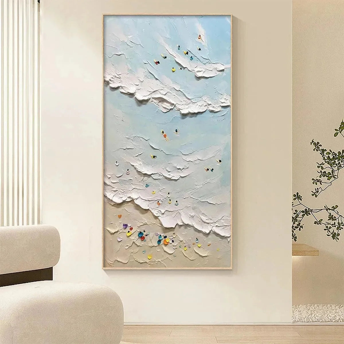 SUMMER BEACH: Textured Beach Scene Painting with Surfers and Swimmers | Abstract closeup, raised brushwork detail