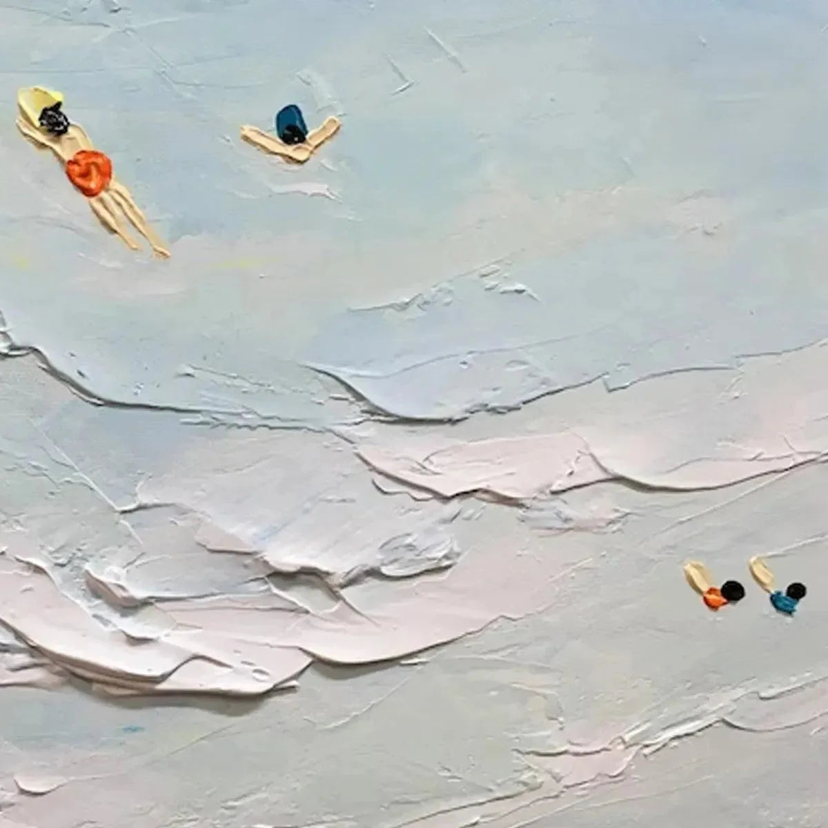 SUMMER BEACH: Textured Beach Scene Painting with Surfers and Swimmers | rectangular format, hand-painted canvas edge