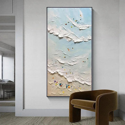 SUMMER BEACH: Textured Beach Scene Painting with Surfers and Swimmers | gold frame stretched on neutral wall