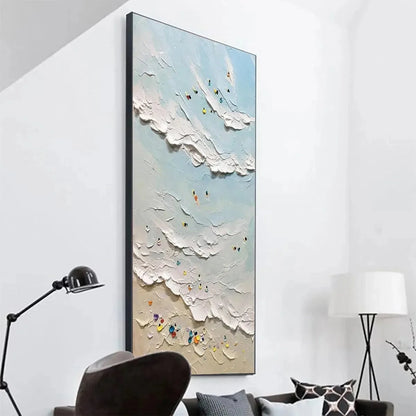 SUMMER BEACH: Textured Beach Scene Painting with Surfers and Swimmers | rolled canvas, ready for custom framing