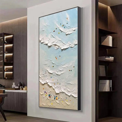 SUMMER BEACH: Textured Beach Scene Painting with Surfers and Swimmers | Abstract mood, soft natural light studio shot