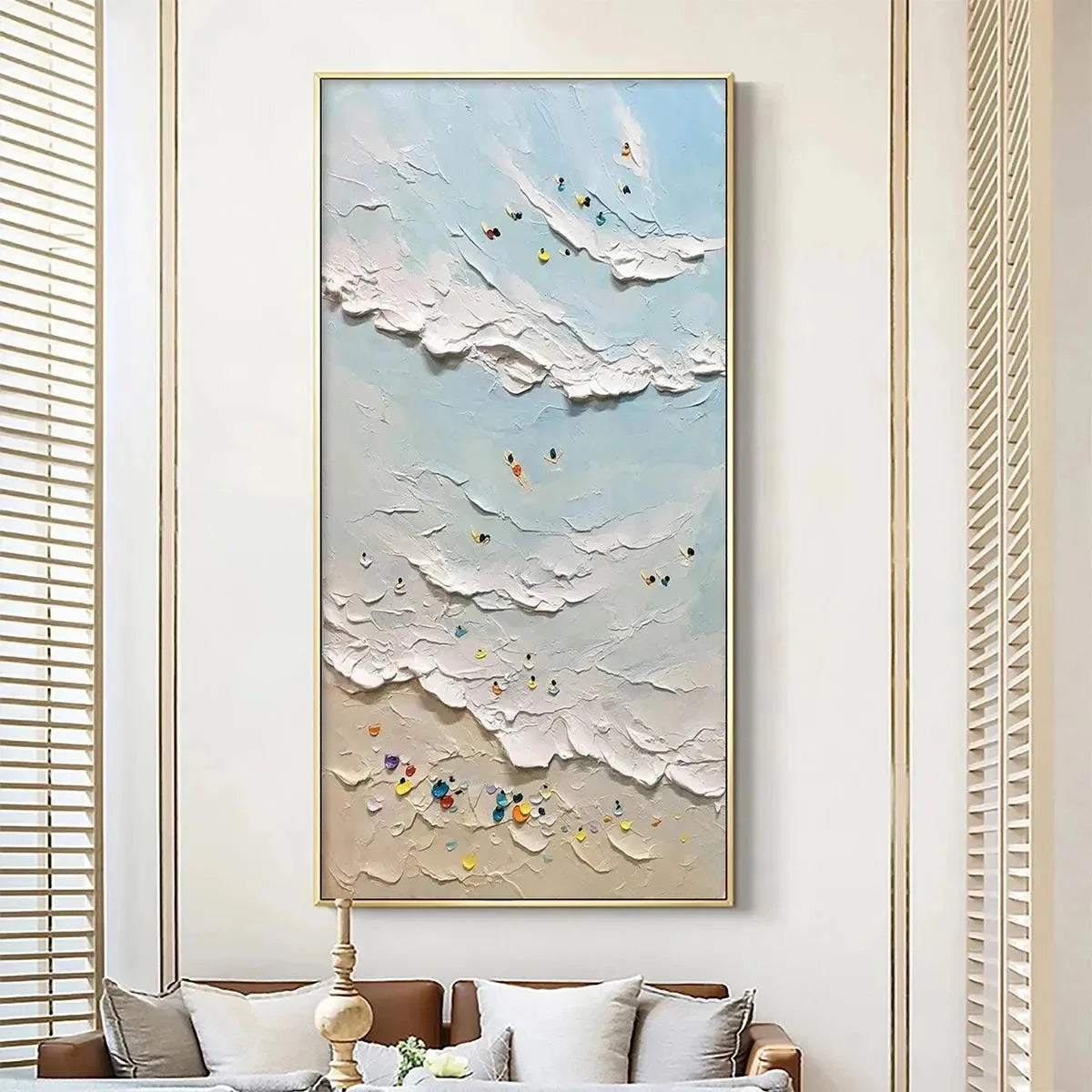 SUMMER BEACH: Textured Beach Scene Painting with Surfers and Swimmers | multi-color palette, original oil on stretched canvas art