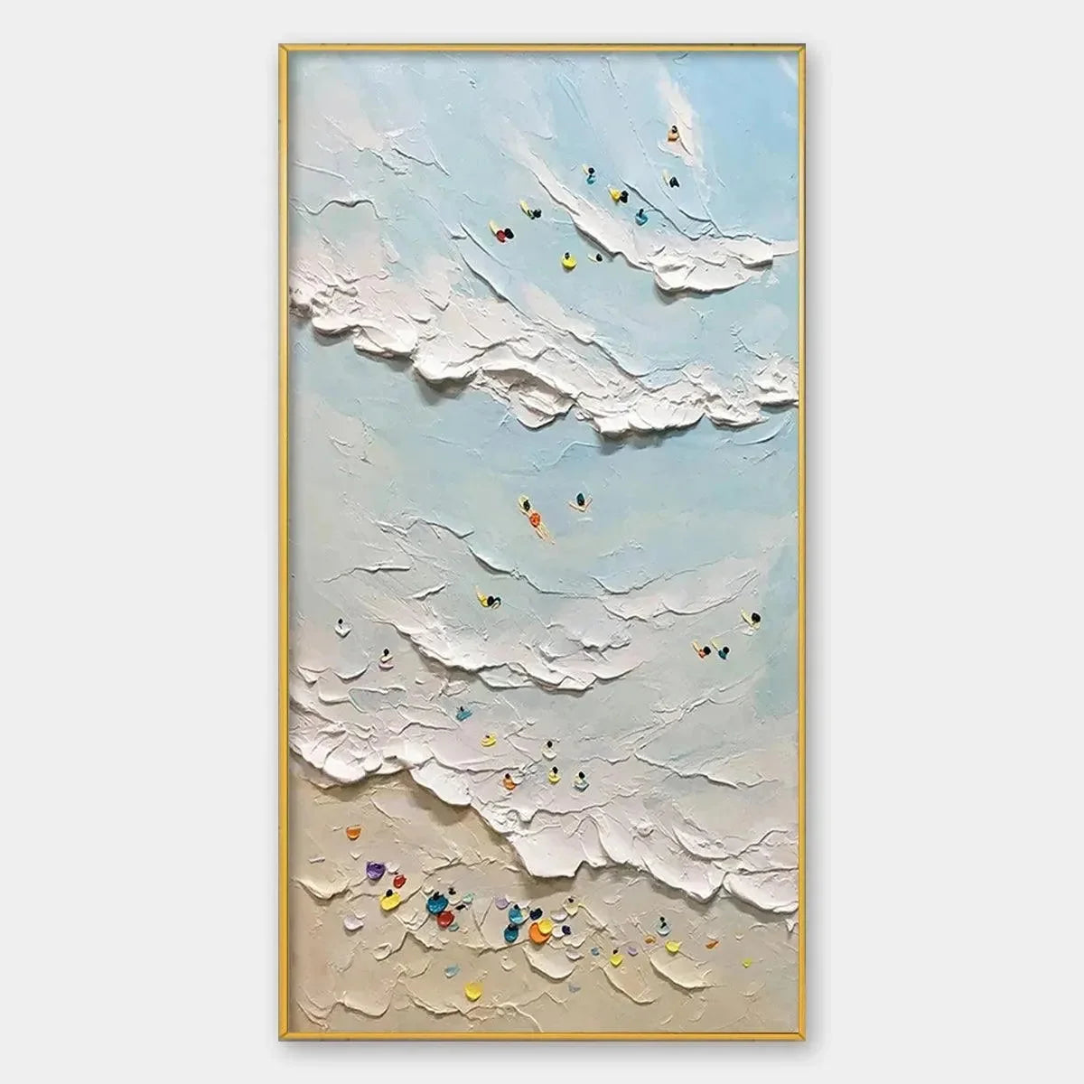 SUMMER BEACH: Textured Beach Scene Painting with Surfers and Swimmers | hanging in living room, Abstract wall art
