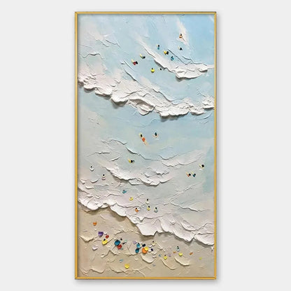 SUMMER BEACH: Textured Beach Scene Painting with Surfers and Swimmers | hanging in living room, Abstract wall art