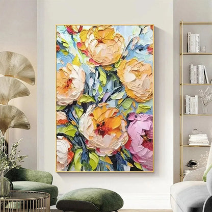 SUMMER BLOOM: Textured Impasto Floral Painting in Yellow and Pink for Living Room | Abstract closeup, raised brushwork detail