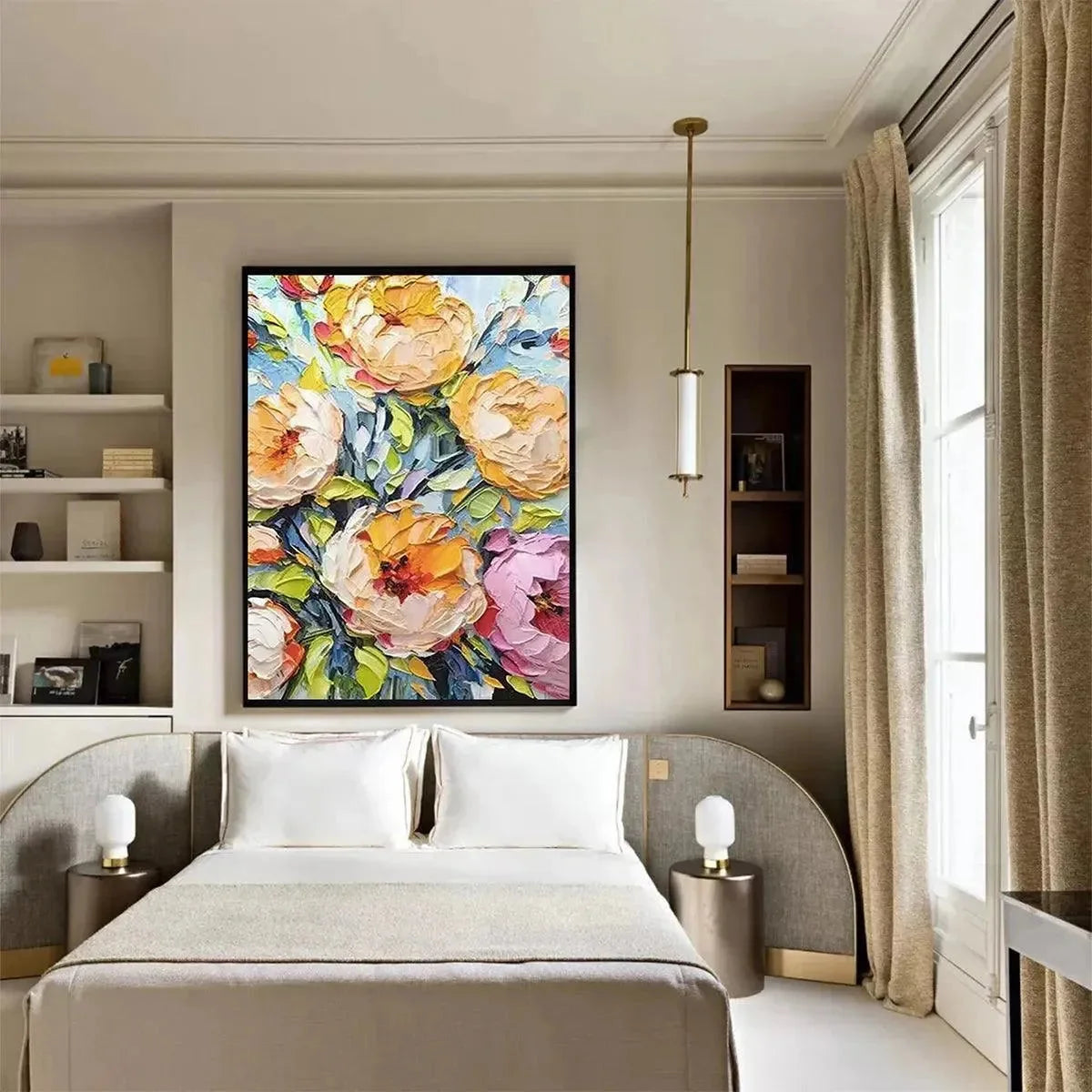 SUMMER BLOOM: Textured Impasto Floral Painting in Yellow and Pink for Living Room | gold frame stretched on neutral wall