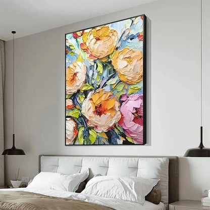 SUMMER BLOOM: Textured Impasto Floral Painting in Yellow and Pink for Living Room | rolled canvas, ready for custom framing