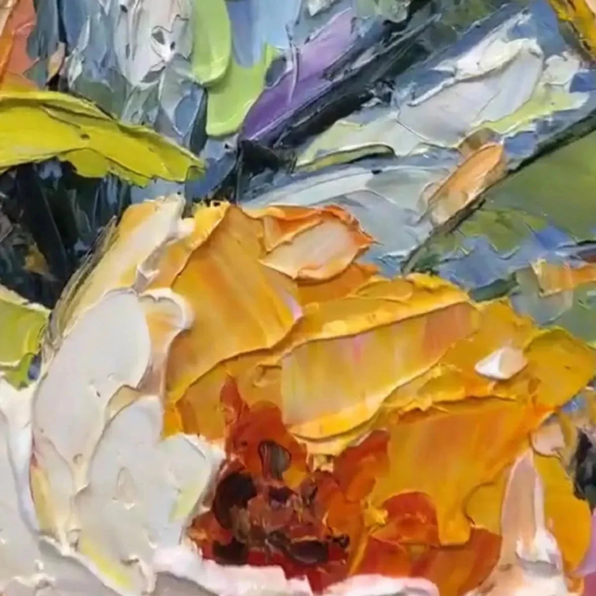 SUMMER BLOOM: Textured Impasto Floral Painting in Yellow and Pink for Living Room | black frame version on white wall
