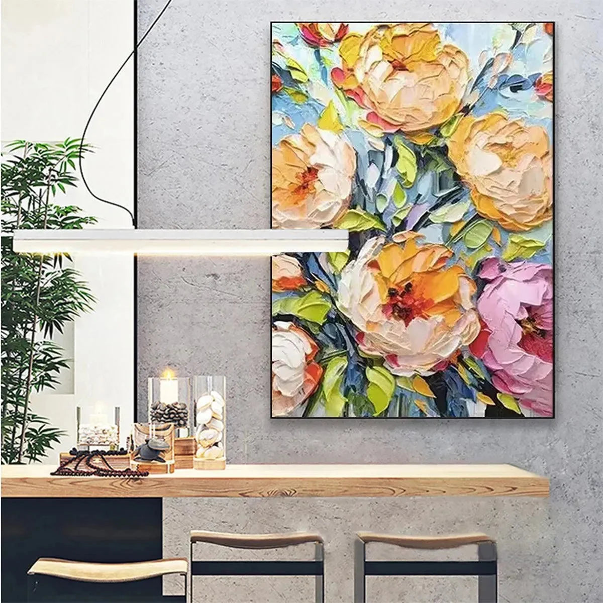 SUMMER BLOOM: Textured Impasto Floral Painting in Yellow and Pink for Living Room | Abstract mood, soft natural light studio shot