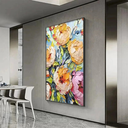 SUMMER BLOOM: Textured Impasto Floral Painting in Yellow and Pink for Living Room | yellow palette, original oil on stretched canvas art