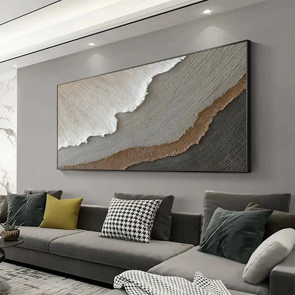 EARTH TONES: Textured Abstract Landscape Painting in Neutral Colors | gold frame stretched on neutral wall