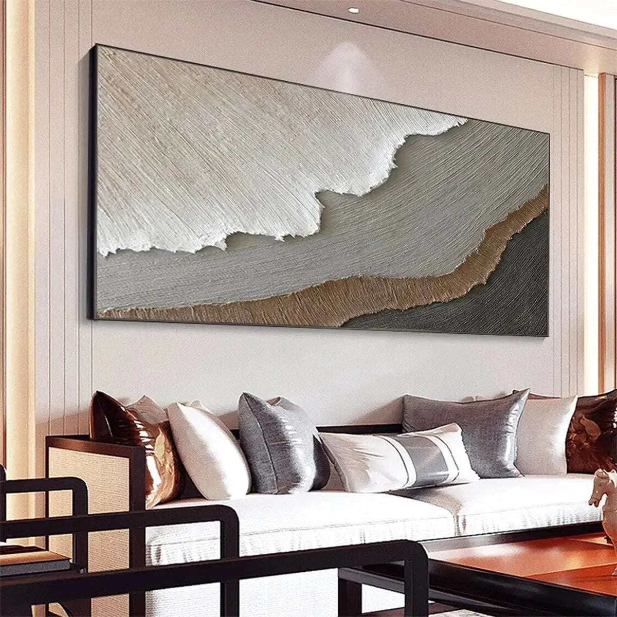 EARTH TONES: Textured Abstract Landscape Painting in Neutral Colors | black frame version on white wall