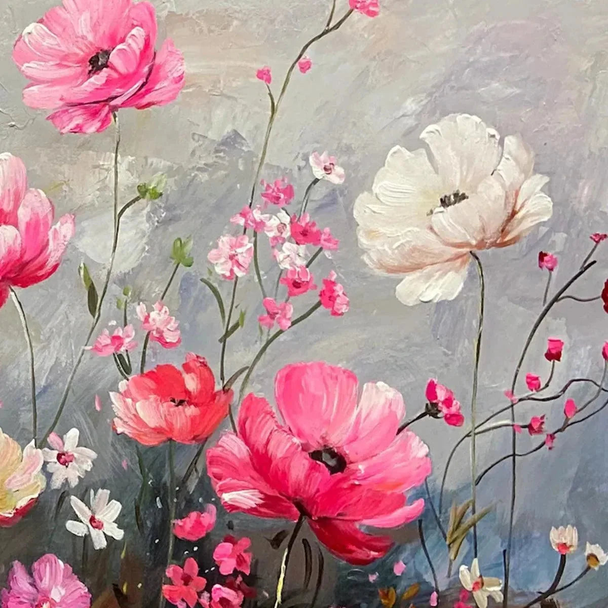 SUMMER BLOOM: Textured Pink and White Floral Painting on Grey Background | rectangular format, hand-painted canvas edge